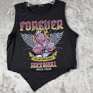 Julia by Love J Black Rock N Roll Graphic Tank Top Handkerchief Hem Large